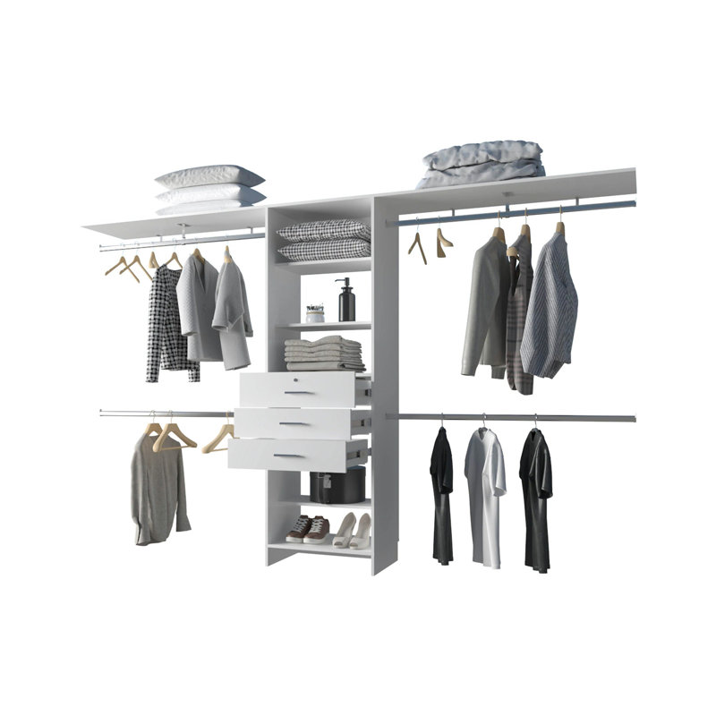 Système d'organisation modulaire pour garde-robe avec tringles de suspension, H 73,6 po x l 118,1 po x P 15,7 po, Blanc