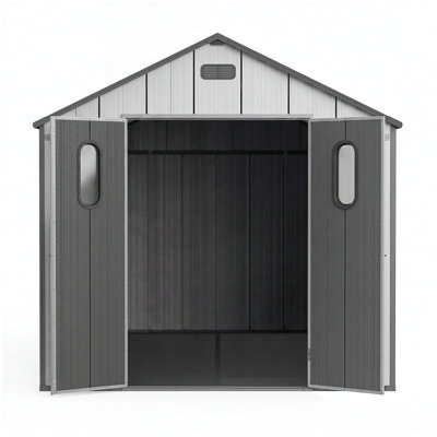 8x14Ft Resin Outdoor Storage Shed with Floor, Plastic Garden Storage Shed, Outside Weatherproof Storage Building for Tools, Bike, Lawn Mower, Patio, B