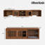 Meuble télé de style Mid-Century avec table extensible, coussin pour chat, portes coulissantes avec volets et tablettes de rangement