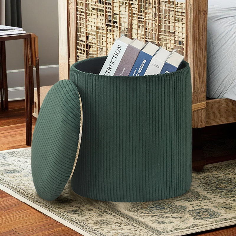 16.9 Inches Height Upholstered Round Storage Ottoman, Dark Green Corduroy