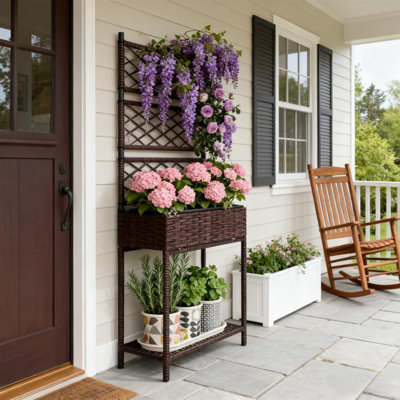 Jardinière en rotin autoportante, jardinière en osier d'extérieur avec treillis pour plantes grimpantes, avec tablette de rangement