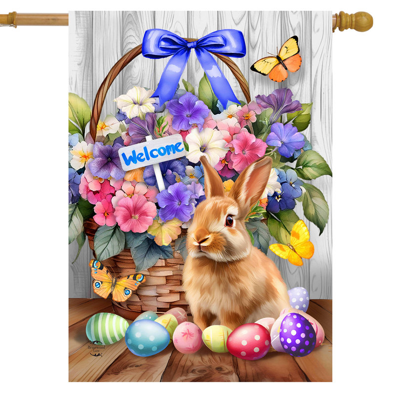 Drapeau «Welcome Bunny And Basket House», Lapin violet/brun/gris