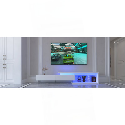 Meuble télé avec armoires de rangement, meuble télé à DEL extensible avec télécommande, centre de divertissement moderne à lumières changeantes à modes multiples avec forme chanfreinée