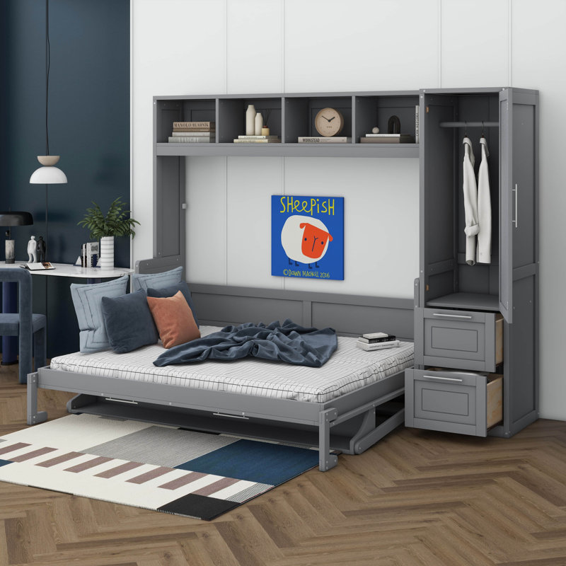 Murphy Bed With Closet And Drawers, Gray, Queen