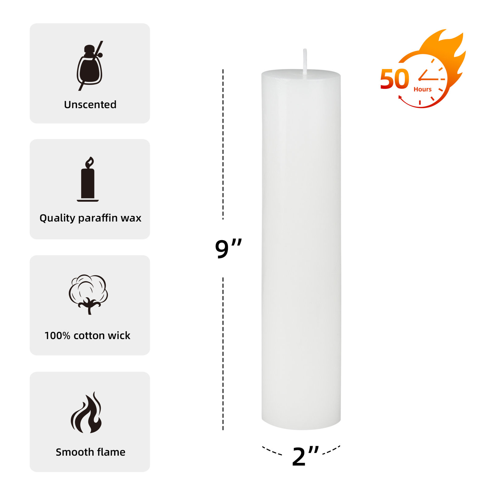 Oliva Unscented Pillar Candle, White, 1, 9" H x 2" W x 2" D