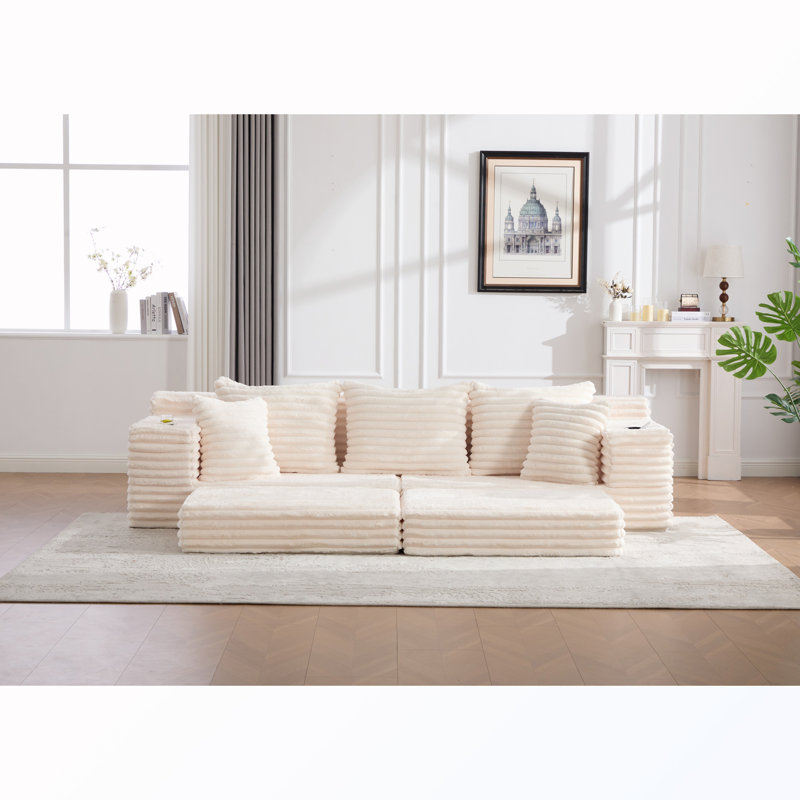 Canapé rembourré 4 places avec porte-gobelet et poches latérales et coussins, Beige Corduroy