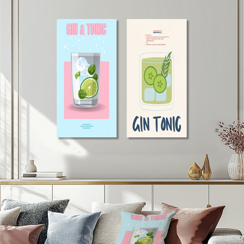 Ensemble de 2 pièces d'art mural gin et tonique dans un verre à whisky, Ne s’applique pas, Toile tendue sur cadre