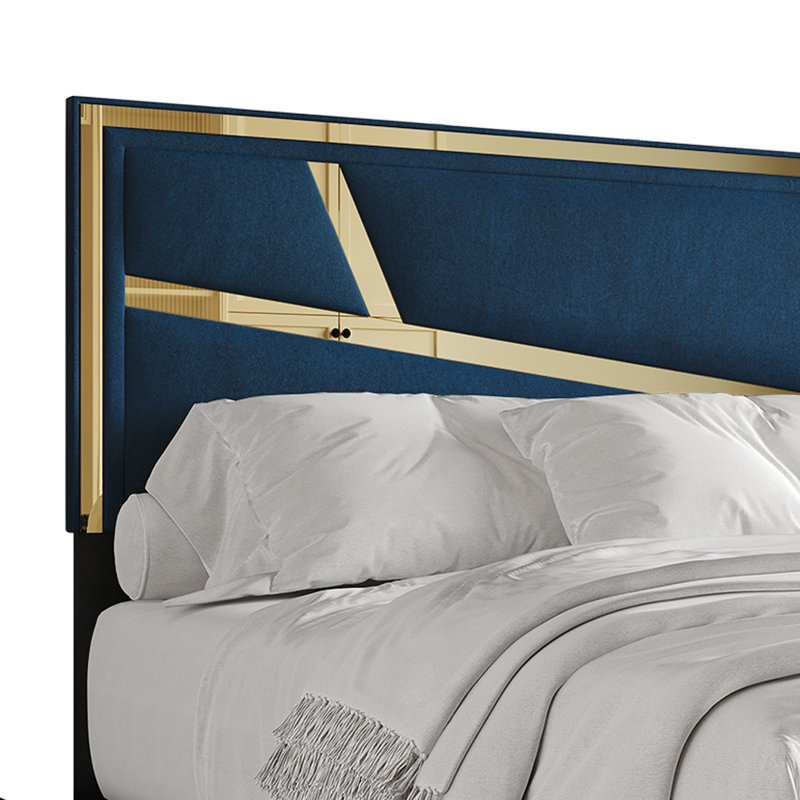 Lit plateforme double avec rangement en velours bleu marine, Grand, Bleu marine