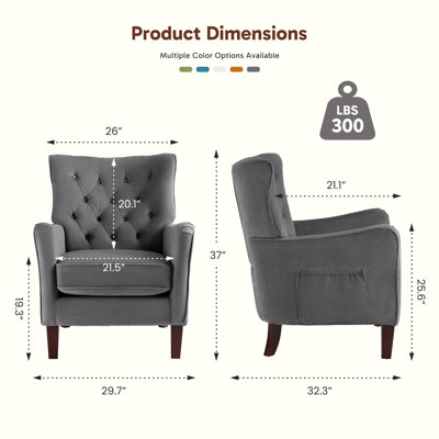 Button-Tufted Horn-Back Armchair, Accent Chair with Padded Cushion, Side Pocket and Solid Wood Legs