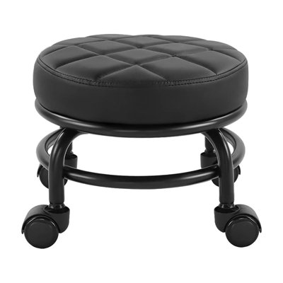 Low Profile Rolling Stool - PU Leather Swivel Seat with Wheels for Manicurists, Mechanics, Garage & Home Office (Black)