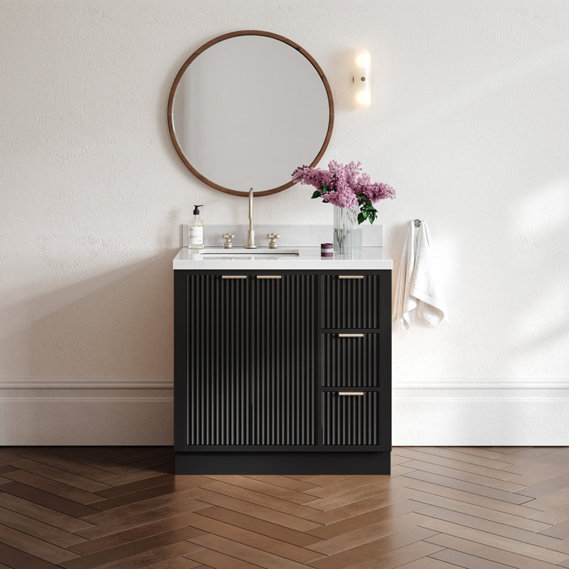 Haun 36'' Solid Wood Single Bathroom Vanity with 1.5'' Carrara Quartz Top, Left Offset, Rectangular Sink, Rectangle, Black