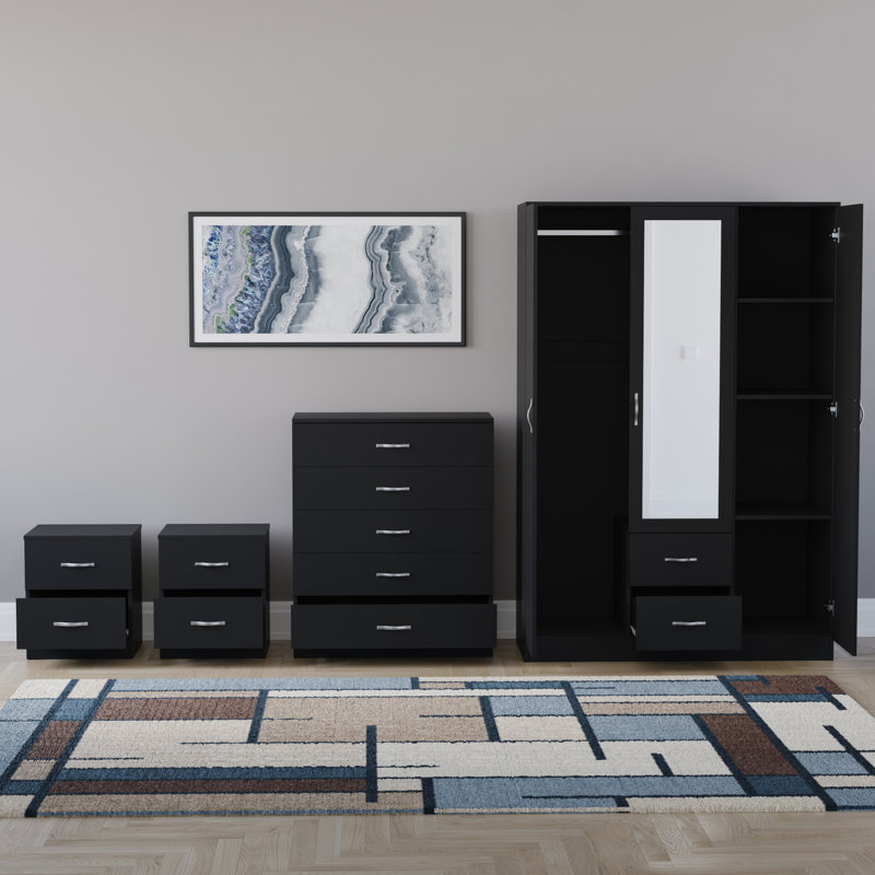 Tayce 4 Piece Bedroom Set (2 Drawer Bedside Chest X2, 5 Drawer Chest, 3 Door 2 Drawer Mirrored Wardrobe), Black