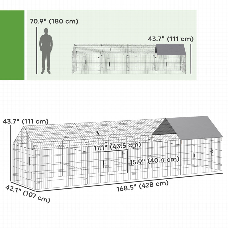 Poulailler en métal, grand poulailler avec couvercle résistant à l'eau, H 43,7 po x l 168,5 po x P 42,1 po