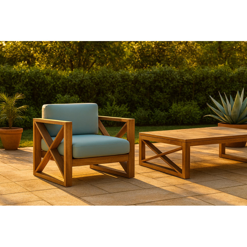 Chaise de patio en teck avec coussins Anguilla, Bleu mer