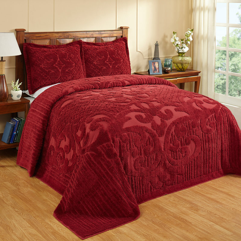 Ashton Collection 100% Cotton Chenille King Bedspread Set, Traditional Tufted Medallion Bedding with Matching Shams, OEKO-TEX Certified, Soft, Breathable, Machine Washable, All-Season, Burgundy