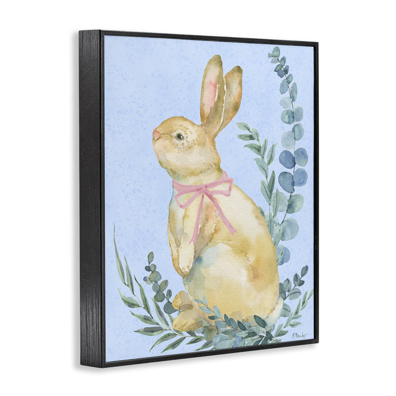 Lapin d'eucalyptus sur estampe numérique bleue, design par Paul Brent, H 14 po x l 11 po, Giclée encadrée noir minuit