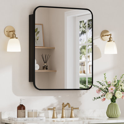 Rounded Corner Steel Framed Medicine Cabinet with Mirror, Soft-Close Doors, Adjustable Tempered Glass Shelves, Recessed or Surface Mount Bathroom Storage Cabinet
