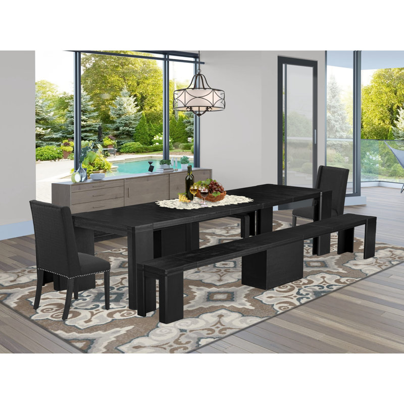 Ensemble de table de salle à manger 5 pièces comprenant une table de salle à manger rectangulaire et 2 bancs en bois 12 chaises de cuisine en tissu de lin noir, noir brossé