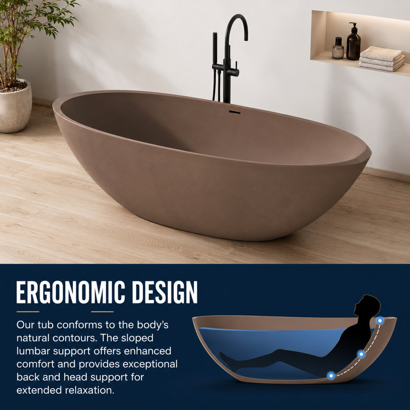 75" x 40" Freestanding Soaking Cement Bathtub, Brown 