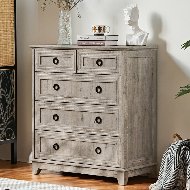 Farmhouse 5 Drawer Dresser For Bedroom, 33.2" Tall Small Dressers & Chest Of Drawers, Rustic Wood Dresser With Metal Handle, Storage Organizer Closet For Living Room, Hallway, Entryway