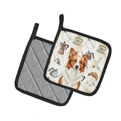 Red and White Border Collie Coffee Bar Pair of Pot Holders