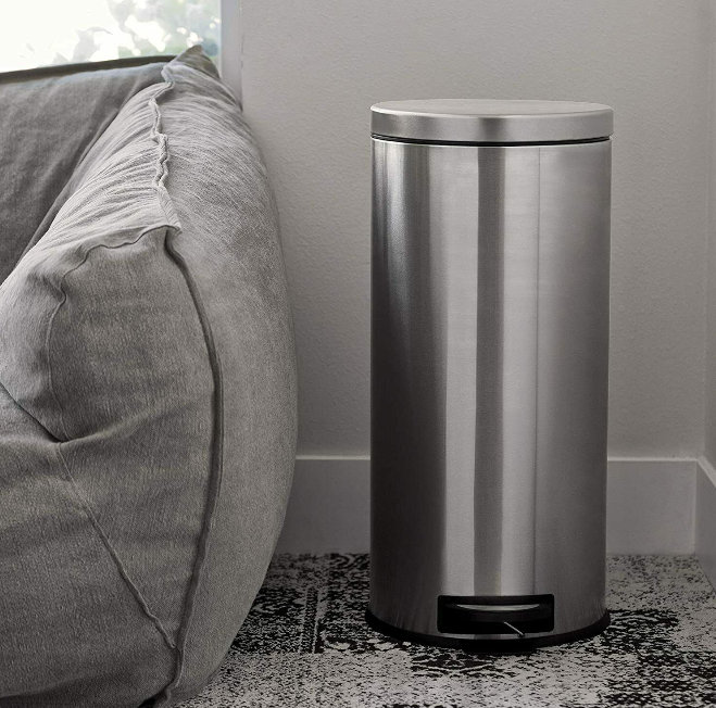 Silver Stainless Steel Round Pedal Trash Can Set