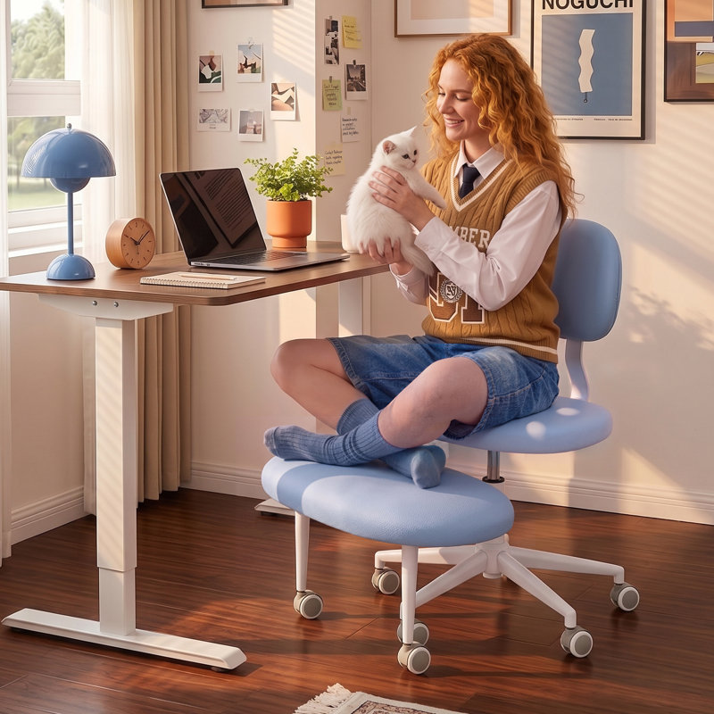Upholstered Office Chair Ergonomic Cross-Legged Desk Chair with Lumbar Support and Wheels Meditation Chair, Blue
