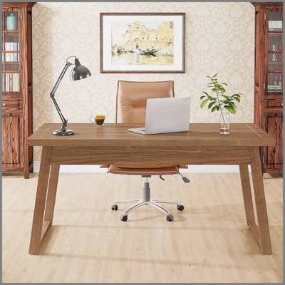 Mid-Century Modern Executive Desk with Drawer, Solid Wood Writing Computer Desk for Home Office, Rustic Walnut Brown Workstation Table