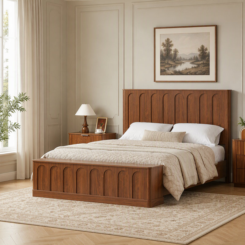 Structure de lit avec rangement, lit plateforme moderne en bois de style Mid-Century avec banc de pied de lit, panneau arqué, aucun sommier nécessaire