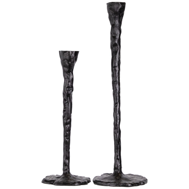 Slim Black Hammered Metal Taper Candle Holders Set - 16 inch