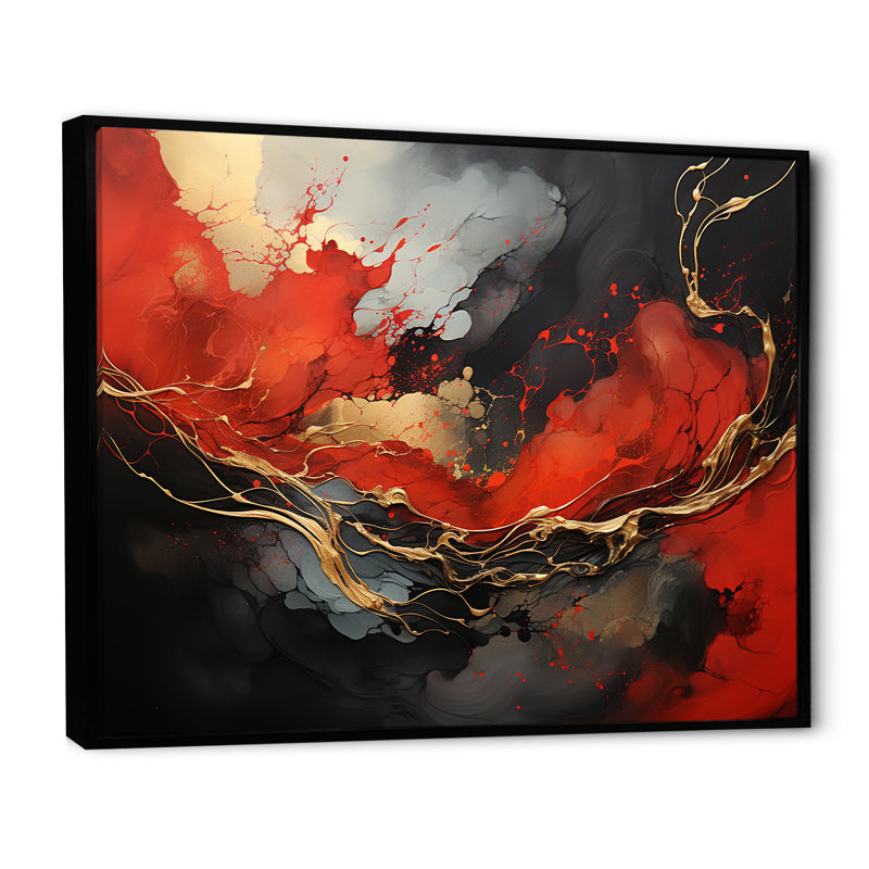 Rouge et or feu de marbre III - art mural abstrait, Cadre flottant noir, H 34 po x l 44 po x P 1,5 po
