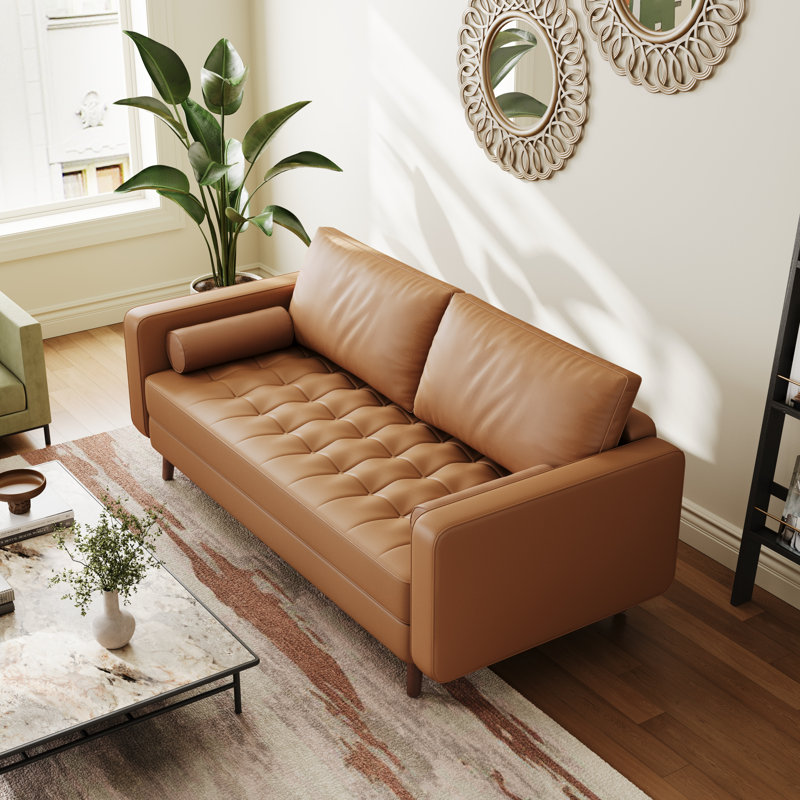 Canapé à accoudoirs carrés en cuir Bridgeview, Cuir brun végétalien, H 33 po x l 70 po x P 32 po