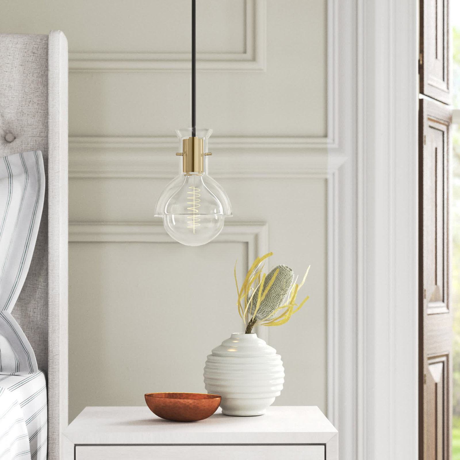 Luke Single Light Glass Dimmable Pendant, Aged Brass