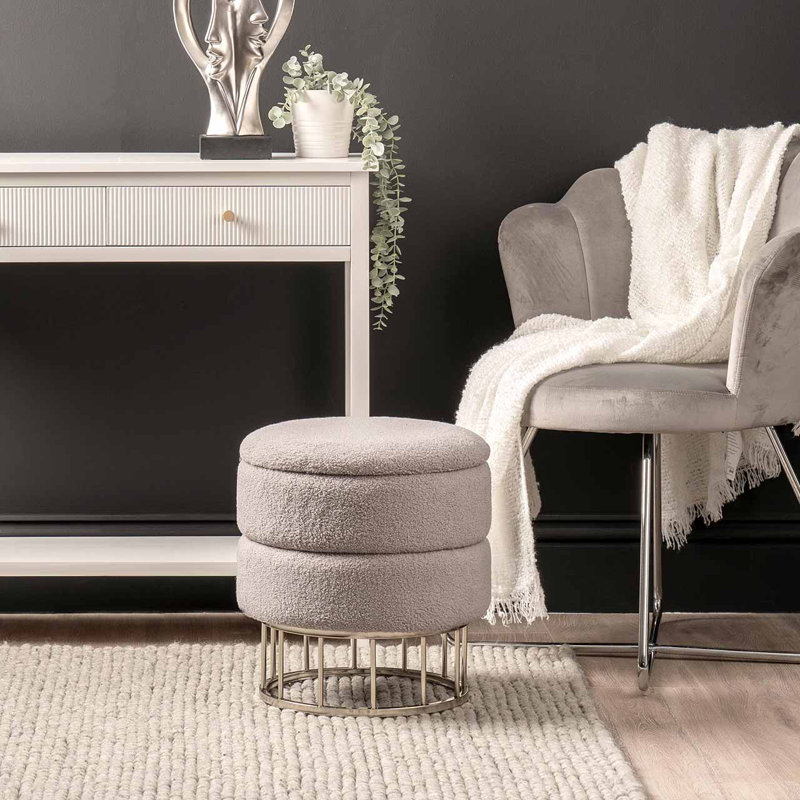 Velvet Boucle Storage Stool for Bedroom Furniture, Modern Round Storage Accent Stool, Silver, Grey