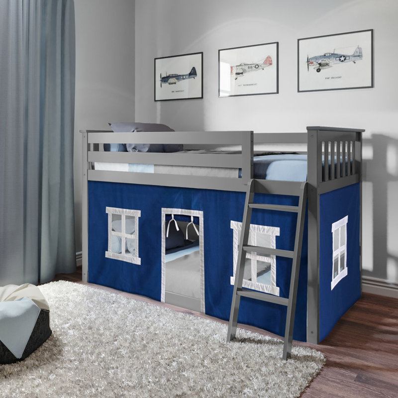Lit superposé bas avec rideaux Mendelson, Blanc, Bleu