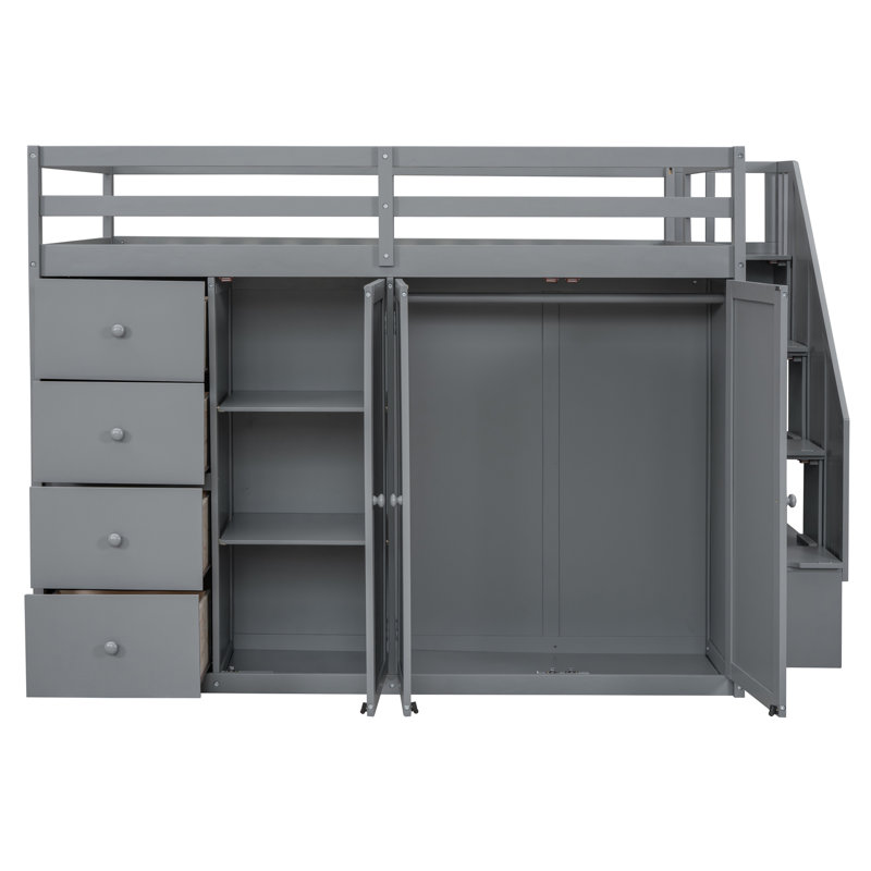Lit mezzanine gris maximisant l'espace avec des armoires, des tiroirs et des armoires pour une chambre à coucher pleine grandeur