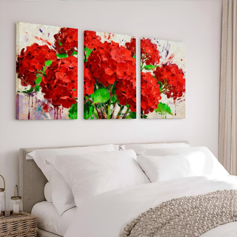 Tableau mural abstrait floral représentant des hortensias rouges (paquet de 3), H 36 po x l 72 po, Rouge