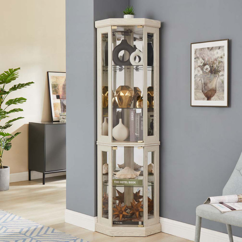 Corner Display Cabinet with Tempered Glass Doors & Shelves,Built-in Lighting, Antique White