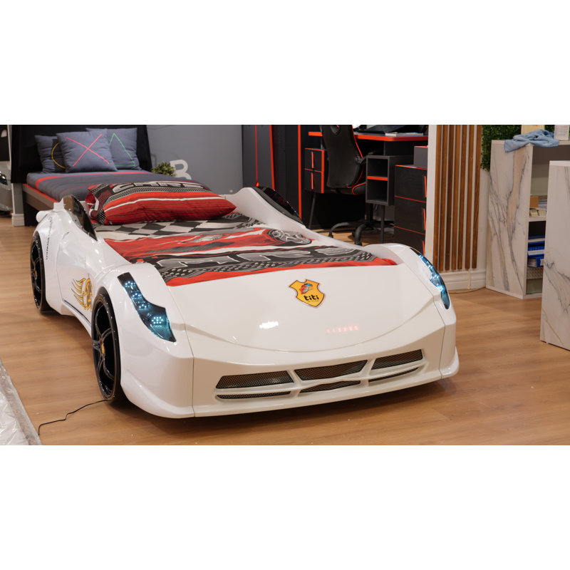 Aadyanth Twin Race Car Bed, Remote Control, LED Lights, Sound FX, Rear Seat, White