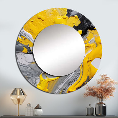 Yellow and Grey Cosmic Vibrations II - Abstract Decorative Wall Mirror, Yellow Round Mirror, Printed Metal Art