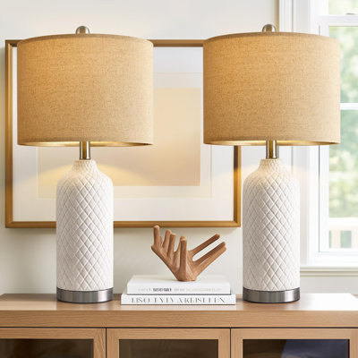 Modern Ceramic Table Lamp With Linen Shade For Bedroom And Living Room Decor