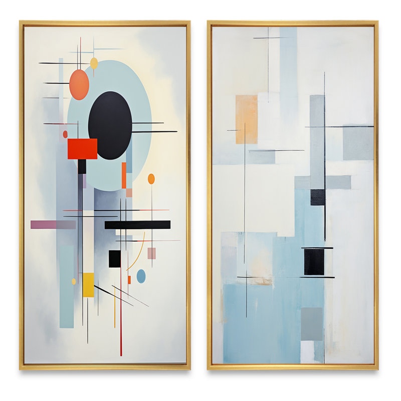«Beige Blue Suprematism Serene Abstractions», 2 pièces, H 32 po x l 32 po, Encadrement doré