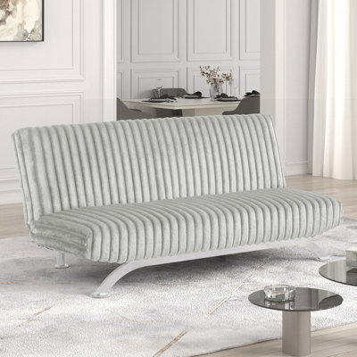 Contemporary Style Light Gray Finish Futon Sofa Bed Convert Into Bed With Extra Support Leg Chrome Finish Metal Base Legs