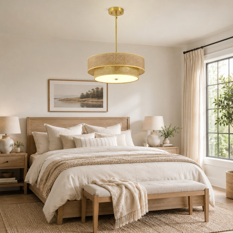 Lustre tambour 17,7 po en rotin 3 lumières avec tige réglable