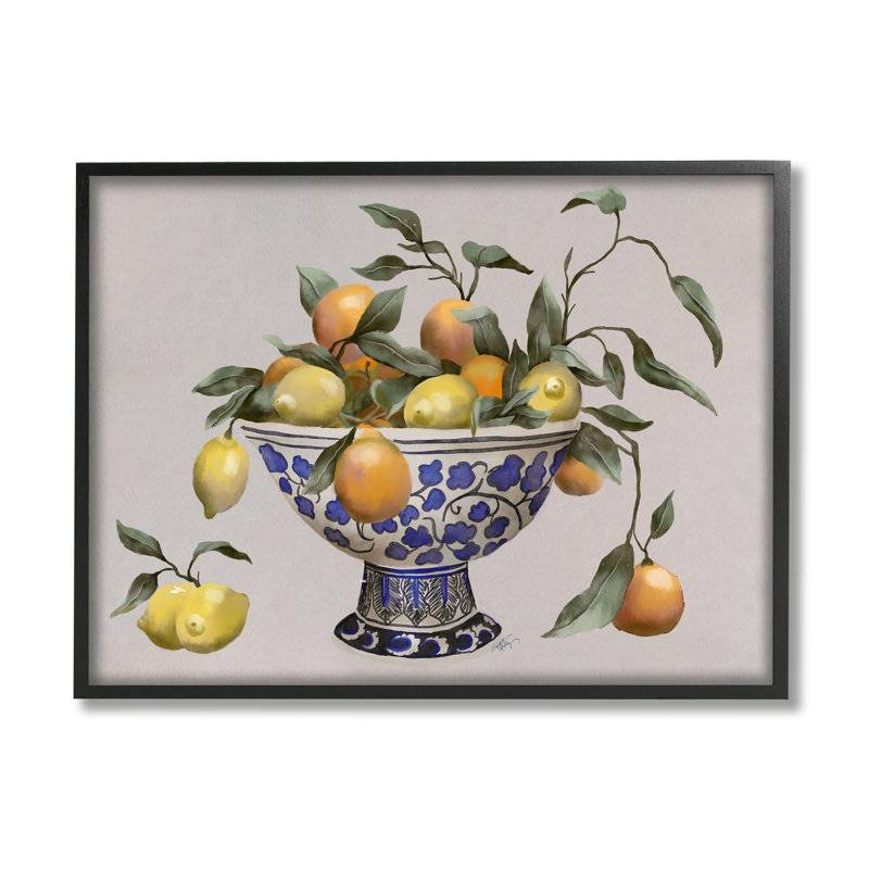 Bol à poterie à motif de feuilles d'agrumes mélangées, Giclée encadrée noir minuit, H 16 po x l 20 po x P 1,5 po