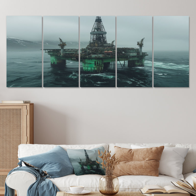 Ensemble de salon mural gris et vert Winter Drilling Dynamics Oil Rig I - Oil Rigs / Fields, H 32 po x l 80 po