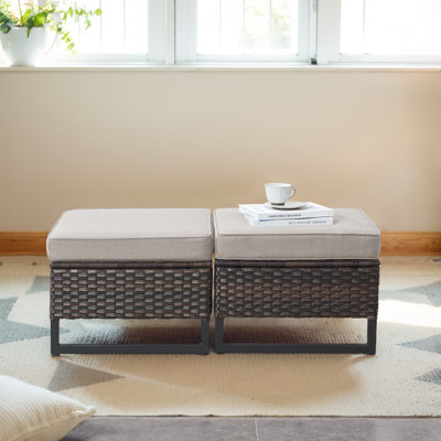 Ingvald All Weather Wicker Outdoor Patio Ottoman with Cushion(Set of 2)