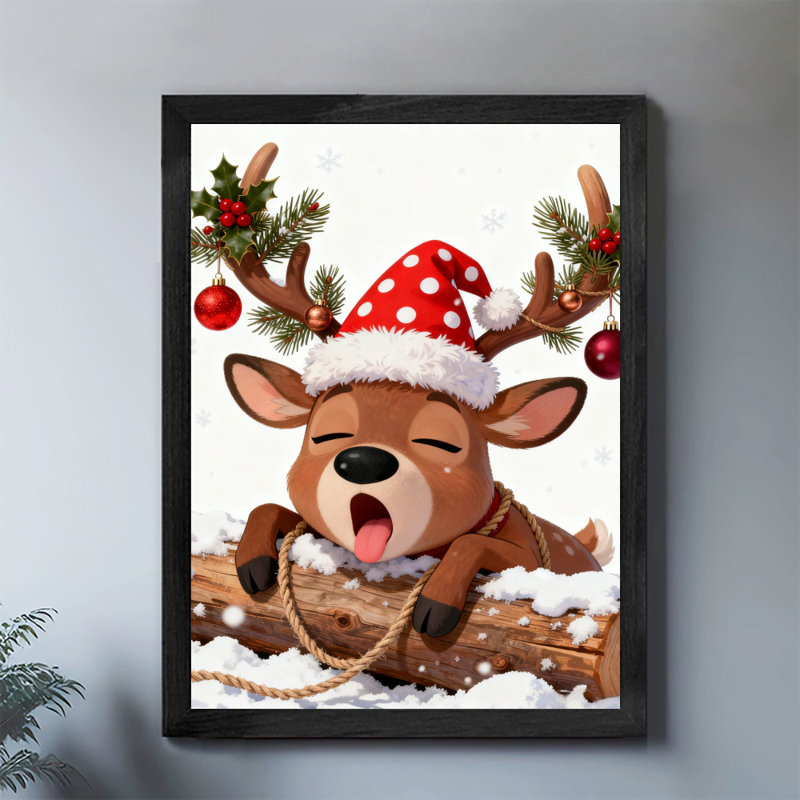 Reproduction d'art encadrée noire rétro Sweet Christmas Doe, H 11 po x l 9 po