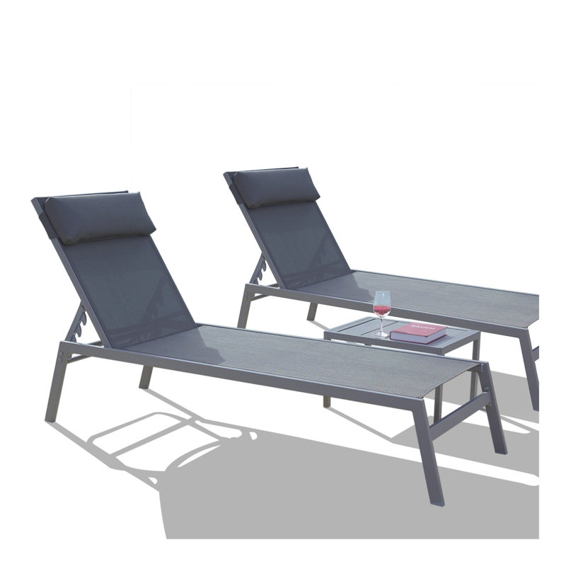 Patio Chaise Lounge Set, 3 Pieces Adjustable Backrest Pool Lounge Chairs Steel PVC-coated polyester Sunbathing Recliner With Headrest (2 Lounge Chairs+1 Table)