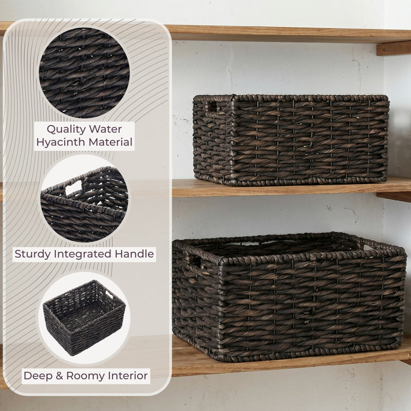 DTX Intl Set of 2 Rectangle Handmade Twisted Wicker Baskets - Hyacinth Seagrass Nesting Storage and Organization Bins with Handles